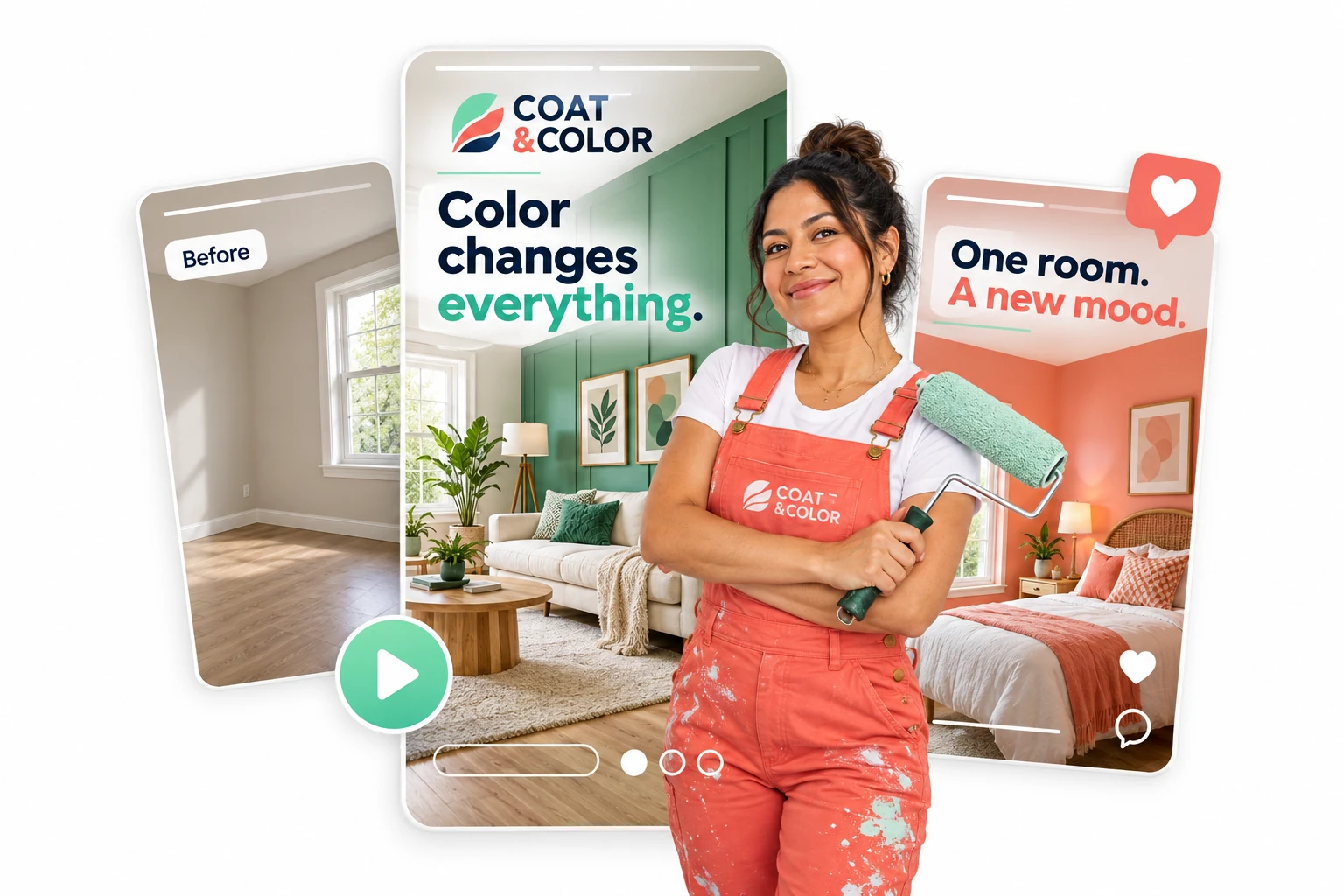 COAT & COLOR vertical social-video concepts with room transformations, a painter cutout and bold creative hooks