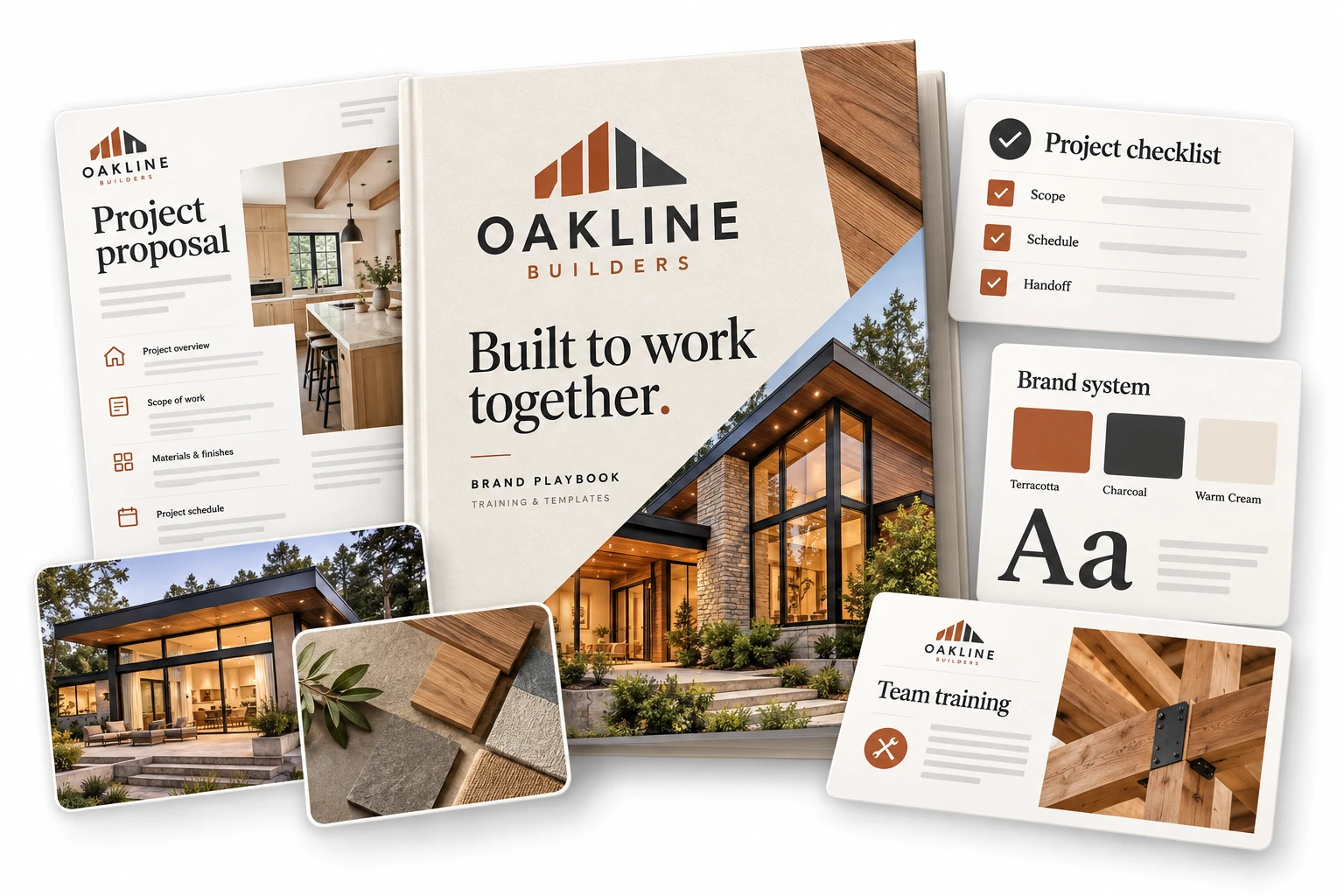 OAKLINE BUILDERS editable brand playbook, proposal, project checklist and color-and-type template suite