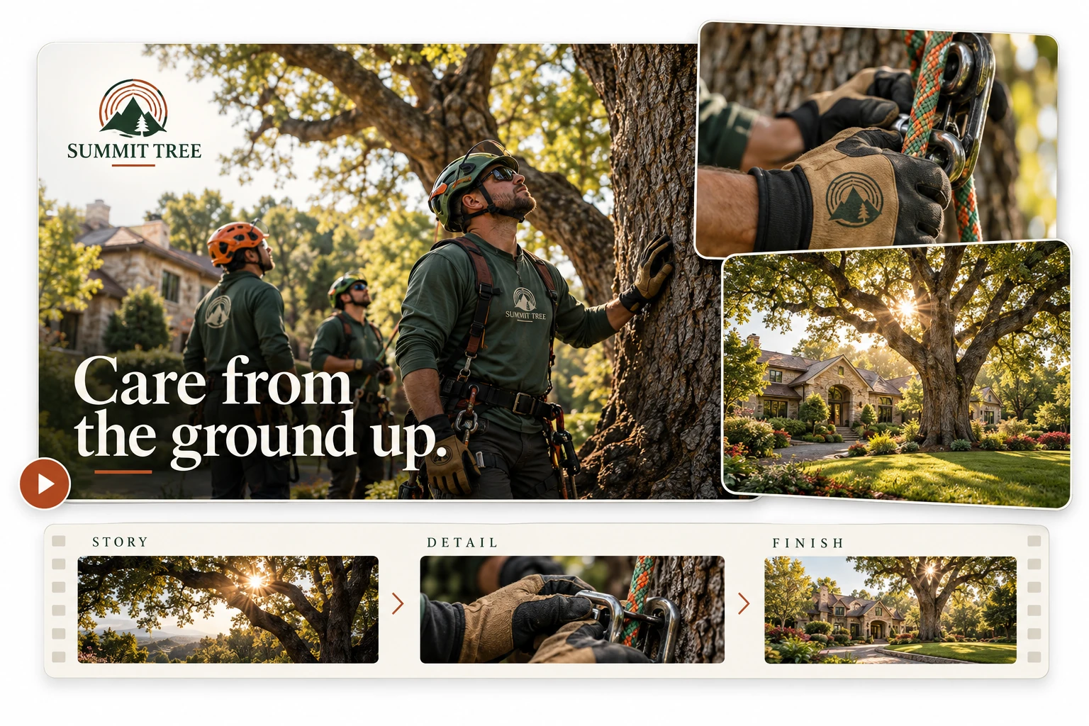 SUMMIT TREE finished brand-film storyboard with a professional tree-care crew, work details and landscaped property frames