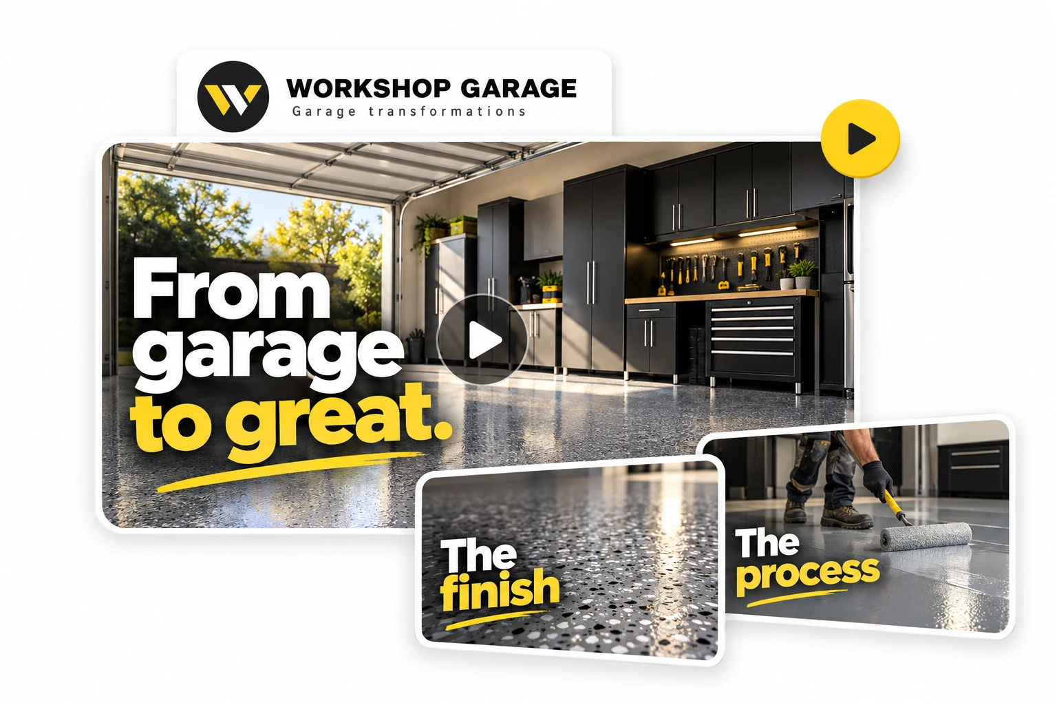 WORKSHOP GARAGE branded YouTube thumbnail designs showing garage-floor transformations, the finish and the process
